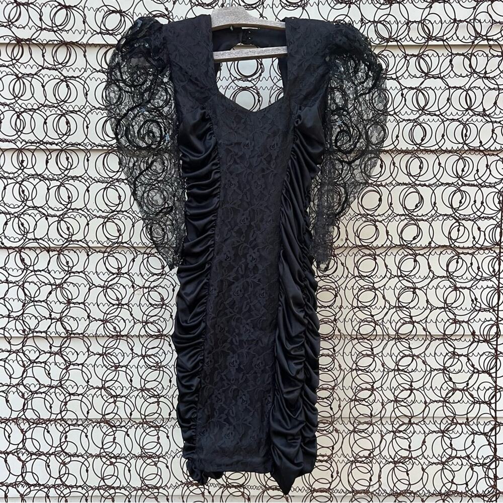 80s Mayvens of California Black Ruched Bodycon Dress Sheer Sequin Puff Sleeve 3 - Picture 4 of 7